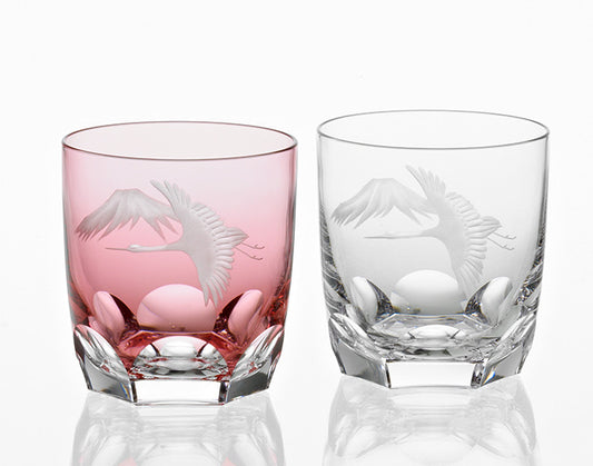 A pair of Whiskey Glasses "Crane & Mt. Fuji"